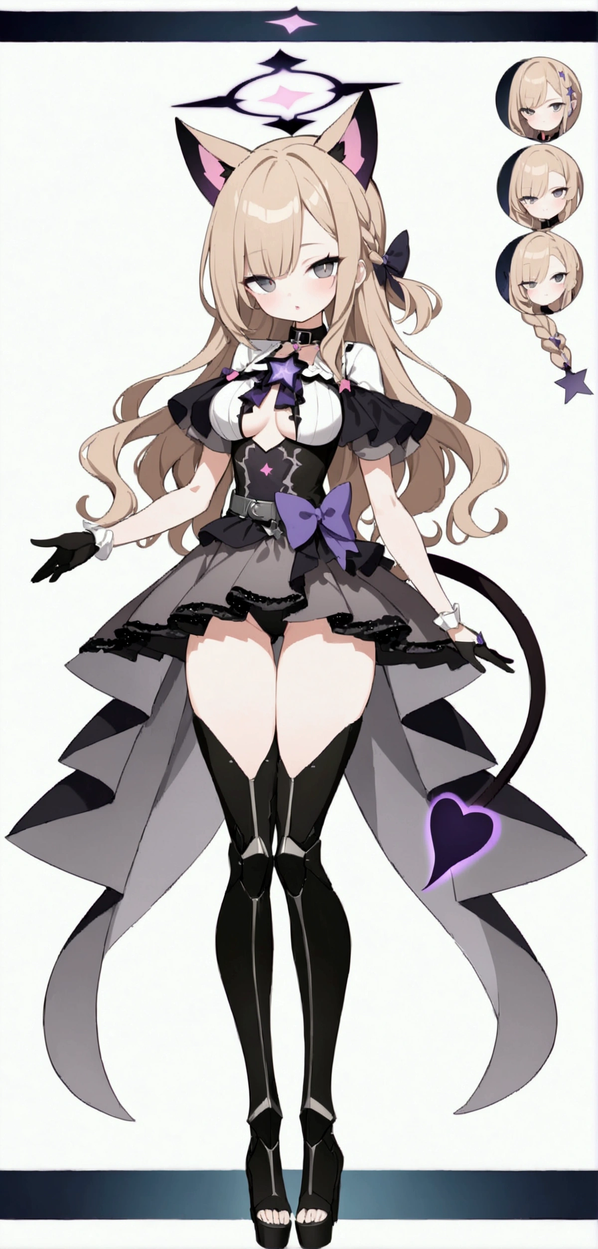 woman 170 cm tall. medium chest, wide hip, slim build, ((whole body)). (((character design sheet: front view))). (dark blonde hair, (hip-length wavy hair with asymmetrical bangs), (She has a short braid tied with an elegant purple bow on the left side of her hair above her chest). (She has a short braid tied with an elegant purple bow on the right side of her hair above her chest). She has small ribbons in the back of her hair..). ((Gray eyes with a pink 4-pointed star in the pupil.)). Two black and purple serval ears located on the top of the head. (Luminous black halo with purple star patterns above his head). He has a black collar with a heart emblem on his neck.. (Elegant one-piece long dress with lace and ruffle thigh-high skirt, ribbon decorations and star patterns on the dress). black gloves, beautiful black platform heels. gray belt at the waist with a large ribbon with a luminous pink heart in the middle. (It has a beautiful succubus tail with a small purple star on the tip.). ((It has complex mechanical legs that reach up to the thighs and are black with small purple details..)). beautiful detailed hair, beautiful detailed dress. extremely detailed arms. extremely detailed face, small face, Beautiful detailed eyes, beautiful detailed lips. adorable. extremely detailed legs. (Best Quality, 4k, high resolution), ultra detailed, Exquisite and epic character art., ((White background)). (Focus on symmetry).