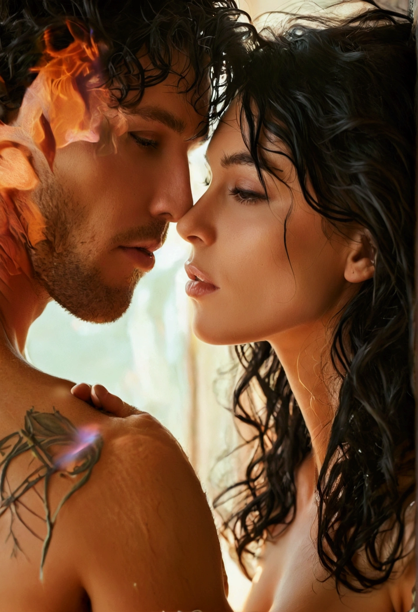 totally naked woman with slightly wavy black hair touching the penis of a totally naked man
