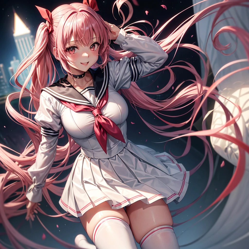 Kisara | Kiss of the Contract | kisara (Engage Kiss) teeth、anime、character、girl、anime,1girl kisara hair ribbon、Gray sailor suit, red ribbon, white skirt、smile,美しいgirl,ムラムラするgirl,エッチなgirl,Pink Hair,Bandage leg