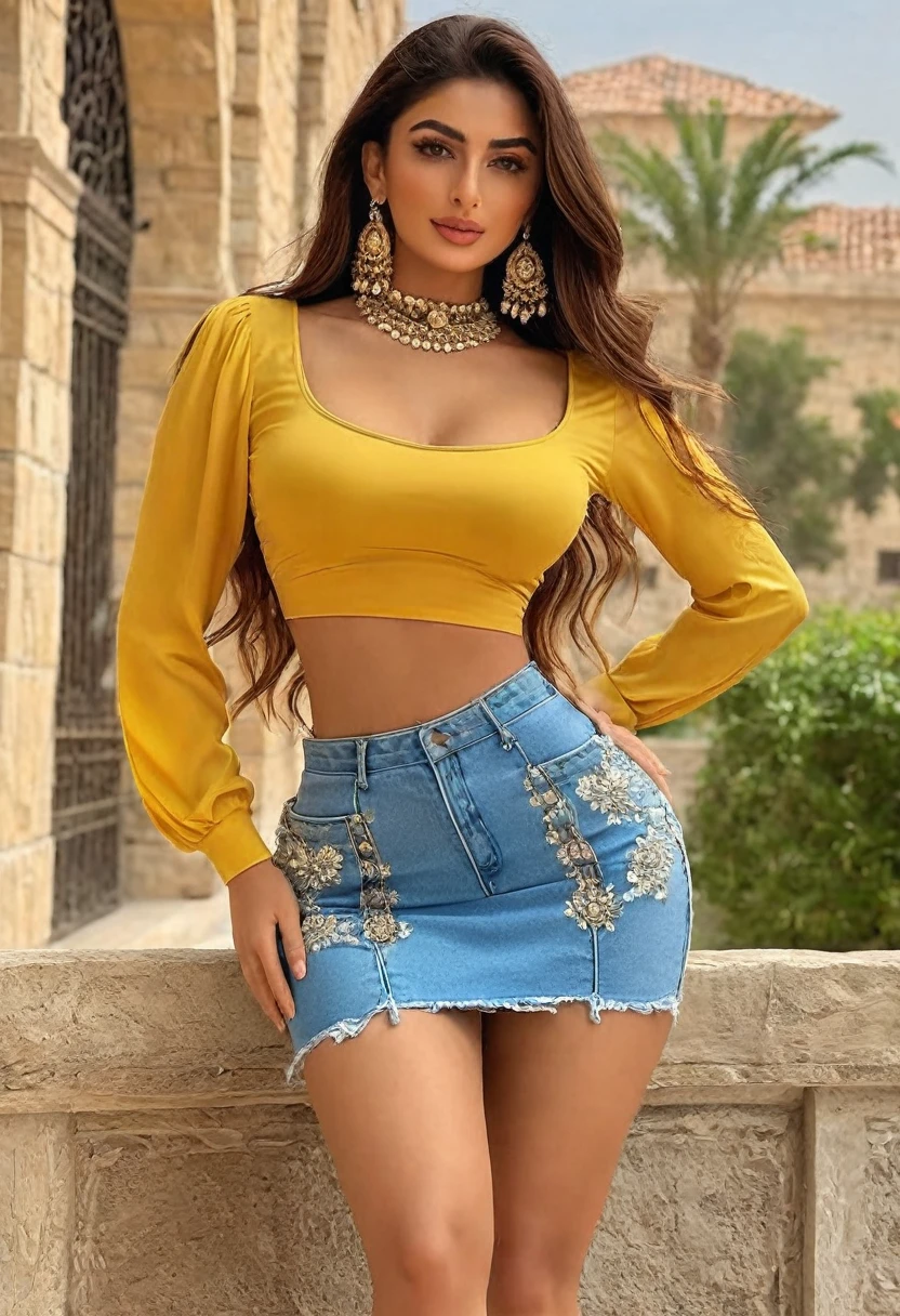 (best high quality:1.5), obra de arte, (8k), extremely detailed, (High details:1.4), Solo, Lebanese female with 24 years old, (crop top, micro-skirt),