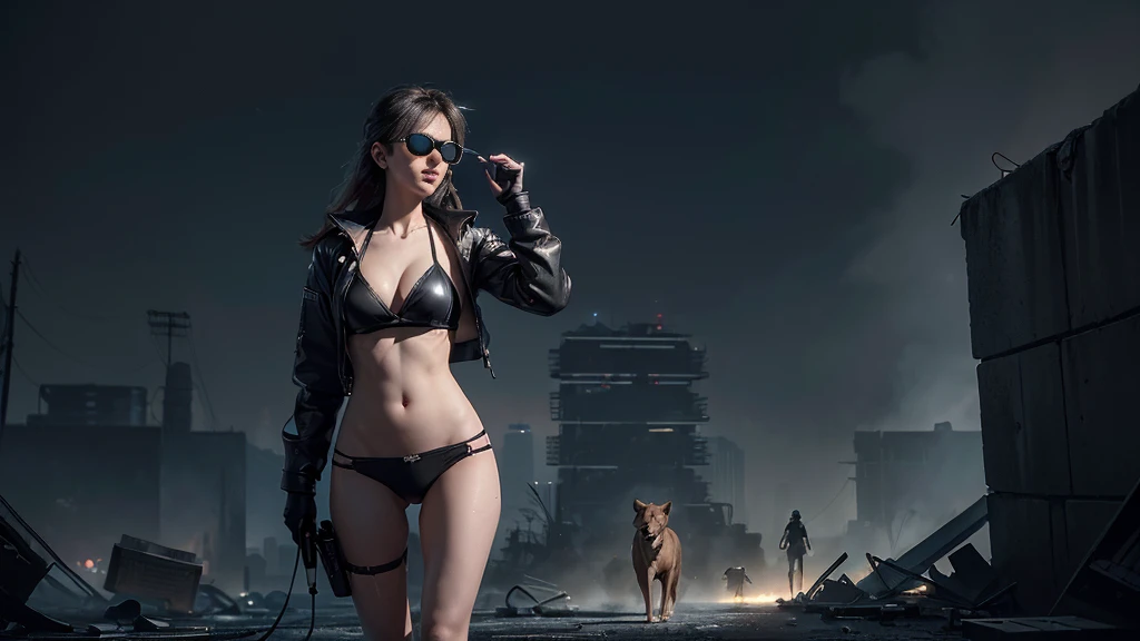 At night, dark sky, gorgeous Woman, (walks with a stray dog In a frozen cyberpunk city in ruins), 1drone. Heavy tropical rain, Head slightly tilted back, leather bikini, Distorted Space, Light Shafts, Volumetric Lighting, 4k Rendering, Stock Photo, Realistic Textures, Dramatic Lighting, Unreal Engine. Electric lighting. Windy messy hair. (((((1girl, solo, alone))))), medium-breast:1.1 slim body, cleavage, (((headphone, black sunglasses))), (((hip-up standing and holding (pistol)))), (((half-body thigh level medium shot))), cinematic lighting, lens flare, ray tracing.