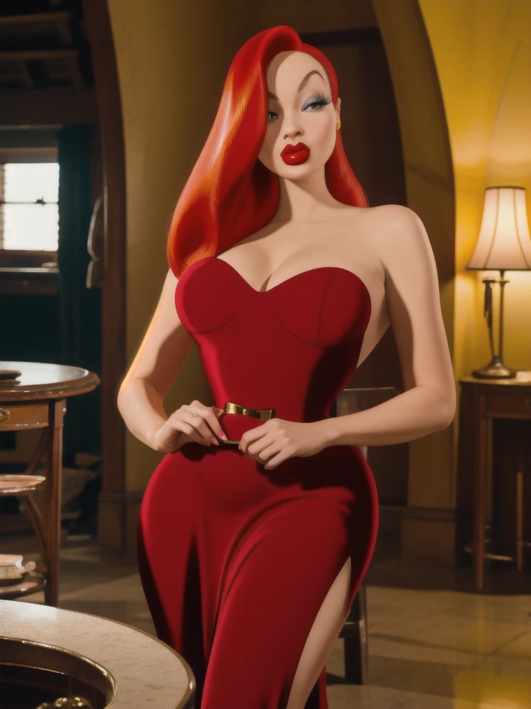 ((masterpiece, best quality)),(complex lighting) ,full body, solo, wilma flintstone, red hair, ponytail, white dress, pearl necklace, lipstick,
