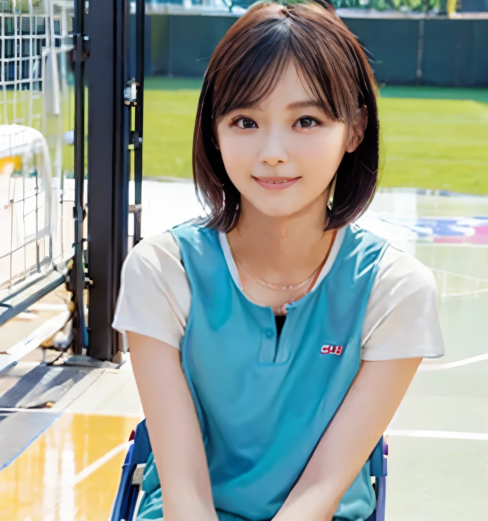 Best image quality、Highest quality、masterpiece、Ultra-high resolution、、immature、Realistic:1.4、Professional Lighting、Cute girl、So cute!、Baby Fshort hair、thin、Moderate size chest cup bust、Large erect nipples、smile、(Basketball Player:1.4、School gym:1.6、Sitting on the basketball court)