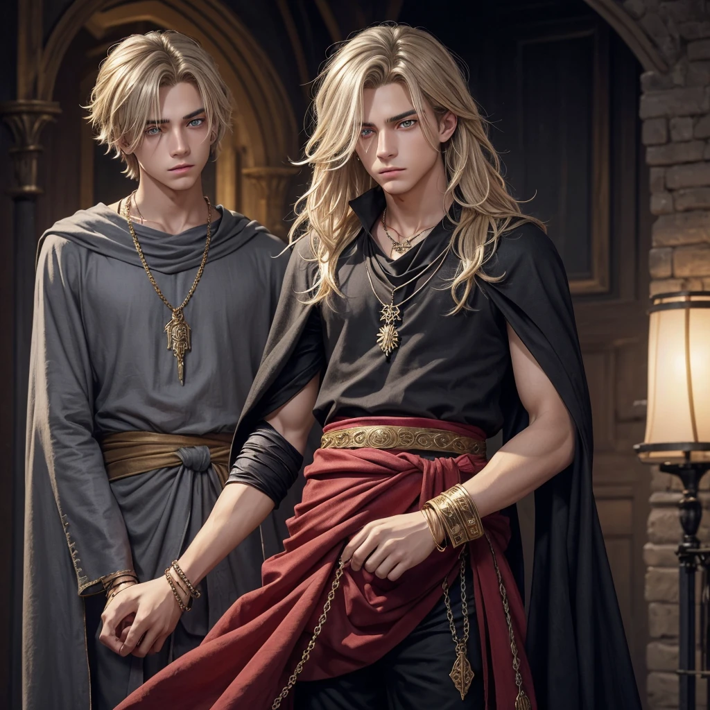 Create me a 17 year old male ager, slightly messy blonde hair with some visible gray strands , golden eyes, a necklace with a blue stone and some details, a black medieval outfit and some bracelet of many colors , a red cloth wrapped around the waist and a serious face that gives off an aura of someone good.