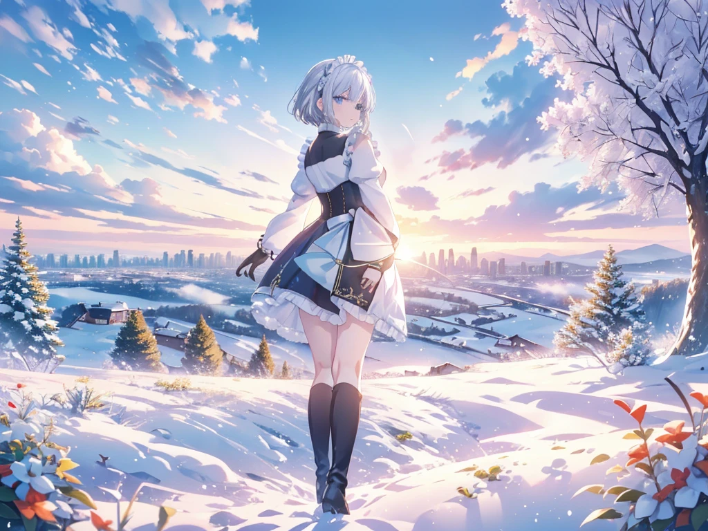 Illustration of one person, Dengeki Bunko, Woman Looking Back, Perfect Human Medicine, Woman keeps falling, {{{{{Maid clothes}}}}},Small Tits,anime, Two legs, Cool,{{{{{50 year old woman}}}}} ,{{{{{a person is depicted}}}}},(Official Art、{{{{{Upper Bodyアングル}}}}},Highest quality、Unity 8k wallpaper、32k、masterpiece、Ultra-detailed、Ultra-high resolution, Realistic、Grab your hair with your hands, Photorealistic:1.2)、(Cinema Lighting:1.2)、,Fire Glow Effect、The most grainy shadows on the film、Rim Light、Side light、Side Shot、(Ultra-detailedで複雑な3Dレンダリング)、Very short hair, Short wolf hair,細部までBeautiful Faceと目、Sharp pupils、Realistic生徒、Slender、Highly detailed background、Beautiful Face、Beautiful  girl、(Ultra-detailedなスキン、Detailed skin texture:1.Silver Hair:1.3)、Blunt bangs、blue eyes、{{{{{黒いMaid clothes}}}}}、White apron costume、Black knee socks、(Thighs Thighs Thighs Thighs:0.8)、Black Bhutanese sticks and a beautiful sunset、Medieval castle、Dancing on the Tower Roof、(avert your eyes、Overlooking the city:1.3)、Fantastic、Close your mouth and bite, Makes your face smaller, (Tabletop), Highest quality, Perfect Face, 1 Girl, alone, Eye color is light blue, Hair between the eyes, Very Short Hair, blue eyes, Silver Hair, Knee-high boots, corset,Black gloves, Long sleeve, Upper Body, Light and multiple flying birds,