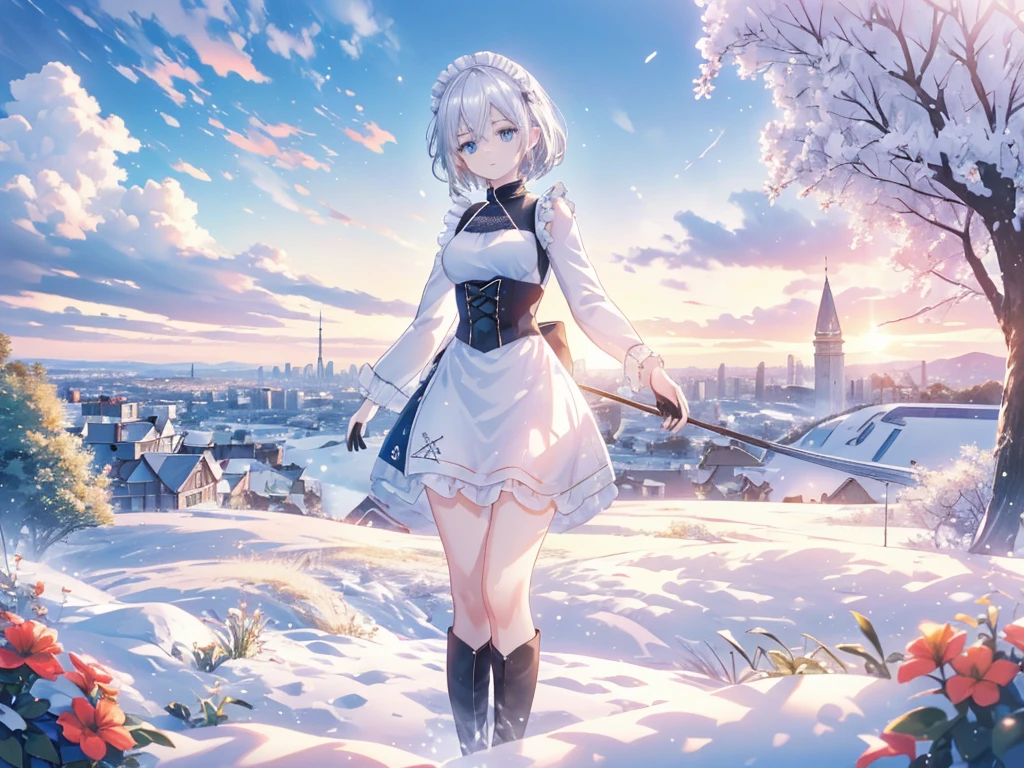 Illustration of one person, Dengeki Bunko, Woman Looking Back, Perfect Human Medicine, Woman keeps falling, {{{{{Maid clothes}}}}},Small Tits,anime, Two legs, Cool,{{{{{50 year old woman}}}}} ,{{{{{a person is depicted}}}}},(Official Art、{{{{{Upper Bodyアングル}}}}},Highest quality、Unity 8k wallpaper、32k、masterpiece、Ultra-detailed、Ultra-high resolution, Realistic、Grab your hair with your hands, Photorealistic:1.2)、(Cinema Lighting:1.2)、,Fire Glow Effect、The most grainy shadows on the film、Rim Light、Side light、Side Shot、(Ultra-detailedで複雑な3Dレンダリング)、Very short hair, Short wolf hair,細部までBeautiful Faceと目、Sharp pupils、Realistic生徒、Slender、Highly detailed background、Beautiful Face、Beautiful 16 year old girl、(Ultra-detailedなスキン、Detailed skin texture:1.Silver Hair:1.3)、Blunt bangs、blue eyes、{{{{{黒いMaid clothes}}}}}、White apron costume、Black knee socks、(Thighs Thighs Thighs Thighs:0.8)、Black Bhutanese sticks and a beautiful sunset、Medieval castle、Dancing on the Tower Roof、(avert your eyes、Overlooking the city:1.3)、Fantastic、Close your mouth and bite, Makes your face smaller, (Tabletop), Highest quality, Perfect Face, 1 Girl, alone, Eye color is light blue, Hair between the eyes, Very Short Hair, blue eyes, Silver Hair, Knee-high boots, corset,Black gloves, Long sleeve, Upper Body, Light and multiple flying birds,