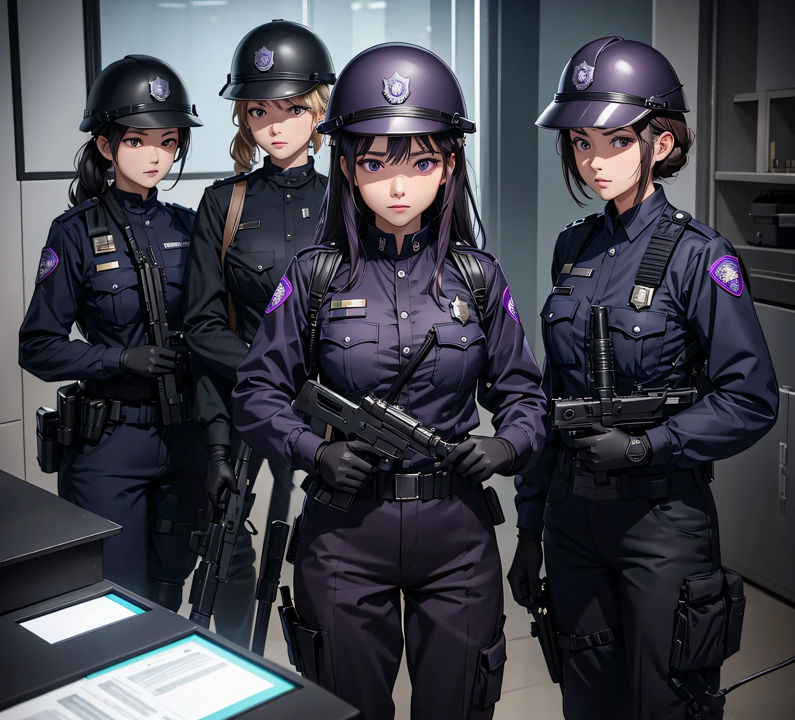 A group of female police officers all wearing Dark Violet uniforms，Wear a steel helmet、Military Pants、Individual equipment set、Alert with guns、Write details、masterpiece、best quality、Highly detailed CG、8K picture quality