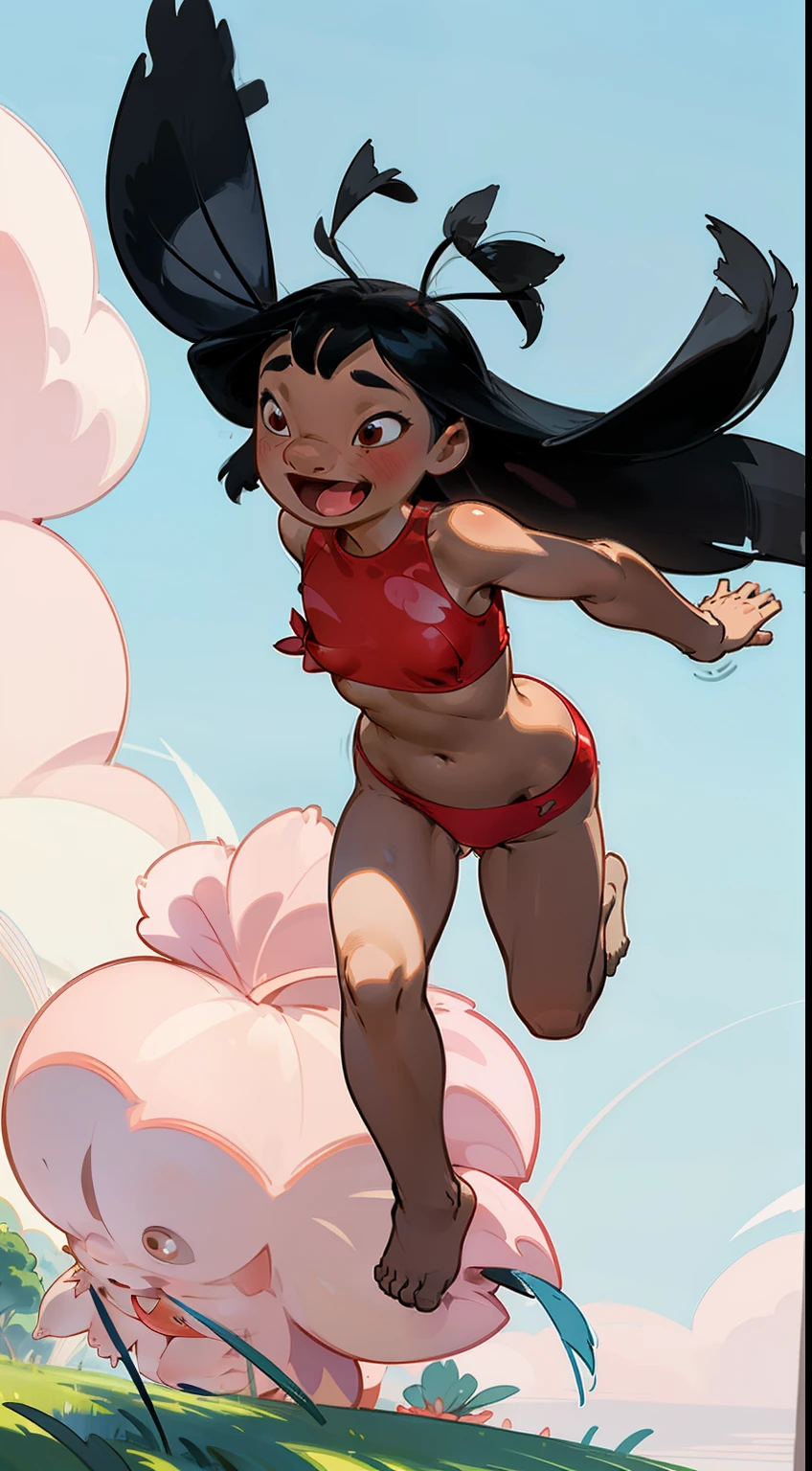 Lilo pelekai , long black  hair, detailed eyes, 1girl, slim body, flat chest, 10s years,solo,smile,blush,(((hair antennas))), detailed nipples, detailed vagina, running,full body,open mouth,grass,blue sky,clouds, perfect anatomy, red swimsuit, 