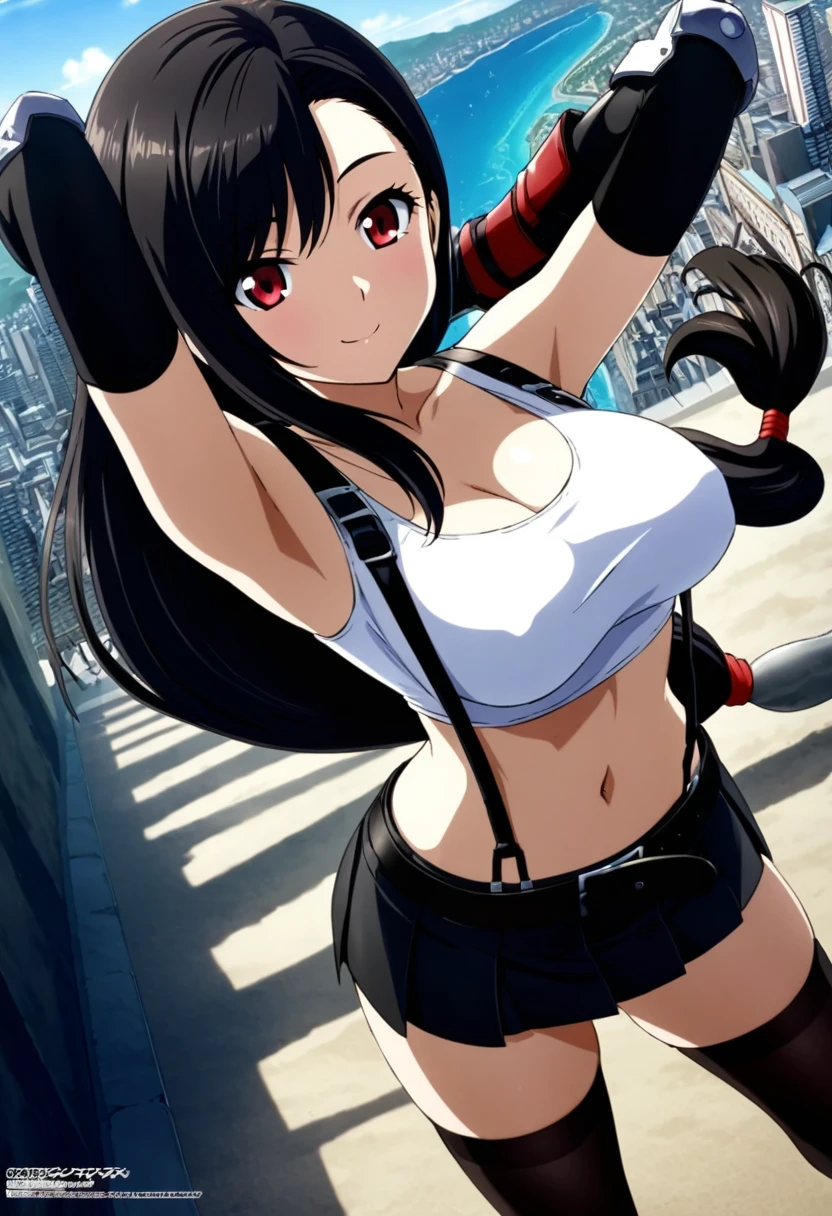 score_9, score_8_up, score_7_up, ,dynamic angle ,soro focus,standing,,(arms up,arms behind head,),(mediumshot:1),looking_at_viewer ,1girl, tifa lockhart, final fantasy,(beautiful woman).,black hair, low-tied long hair, red eyes, bangs, white tank top, gap,belt, pleated skirt, thighhighs, elbow fingerless gloves, elbow pads, midriff, navel,suspender skirt.zettai ryouiki ,(large_breasts),(perky breasts;1,3),(light smile),,,Solo,,(daytime and beachside and city),(masterpeace),(best quality),aesthetic,very aesthetic,highly detailed,megami_magazine,(flat anime)