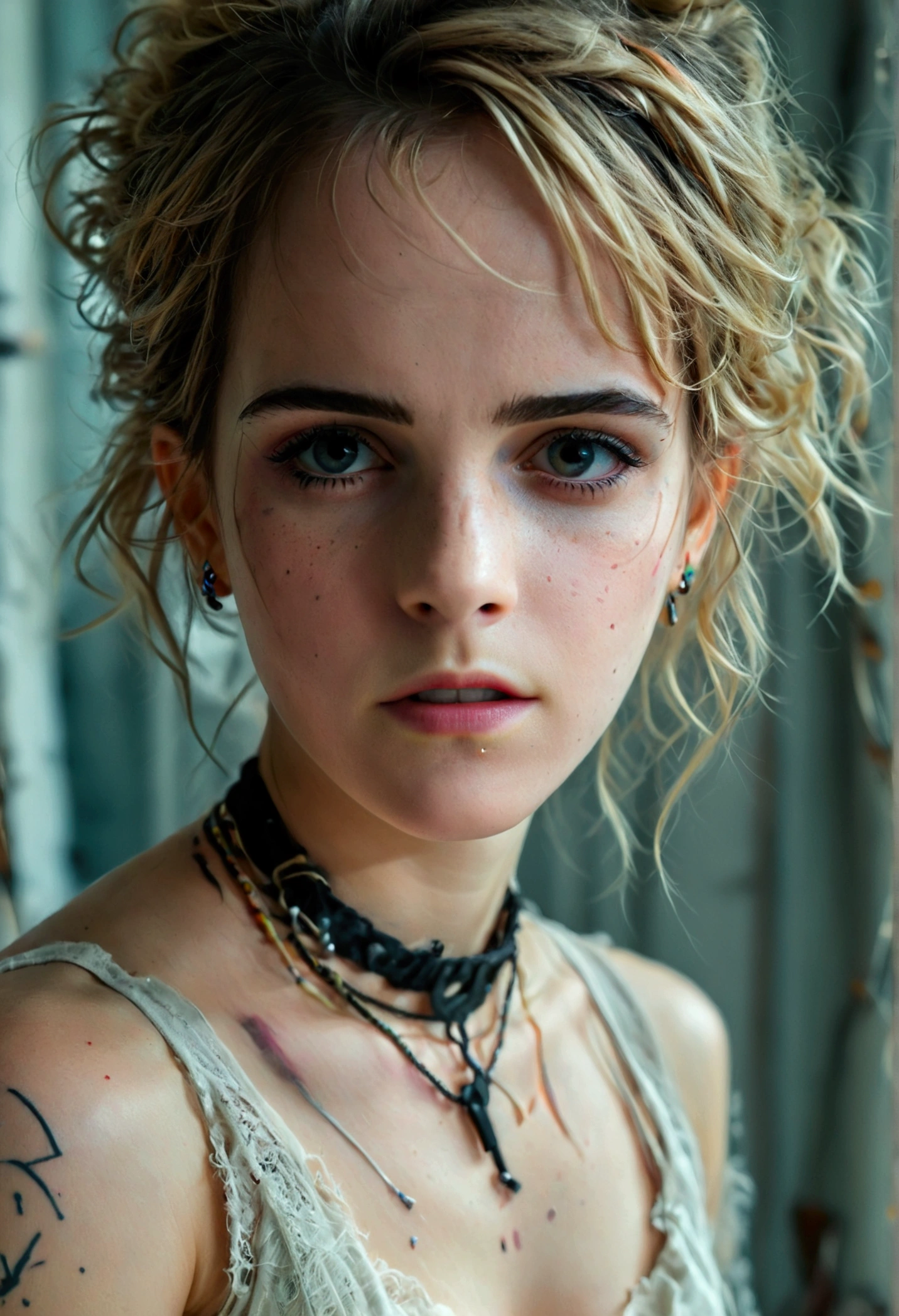 RAW photo, photograph of a (((Emma Watson))) 31years old woman, (detailed facial features), gorgeous face, standing in her messy bedroom, pale skin, wearing eyeliner, grainy, (high detailed skin:1.2), pastel goth, scene hair, teased hair, wearing bracelets, wearing choker necklace, instagram, colorized, ((detailed face)), selfie INFO