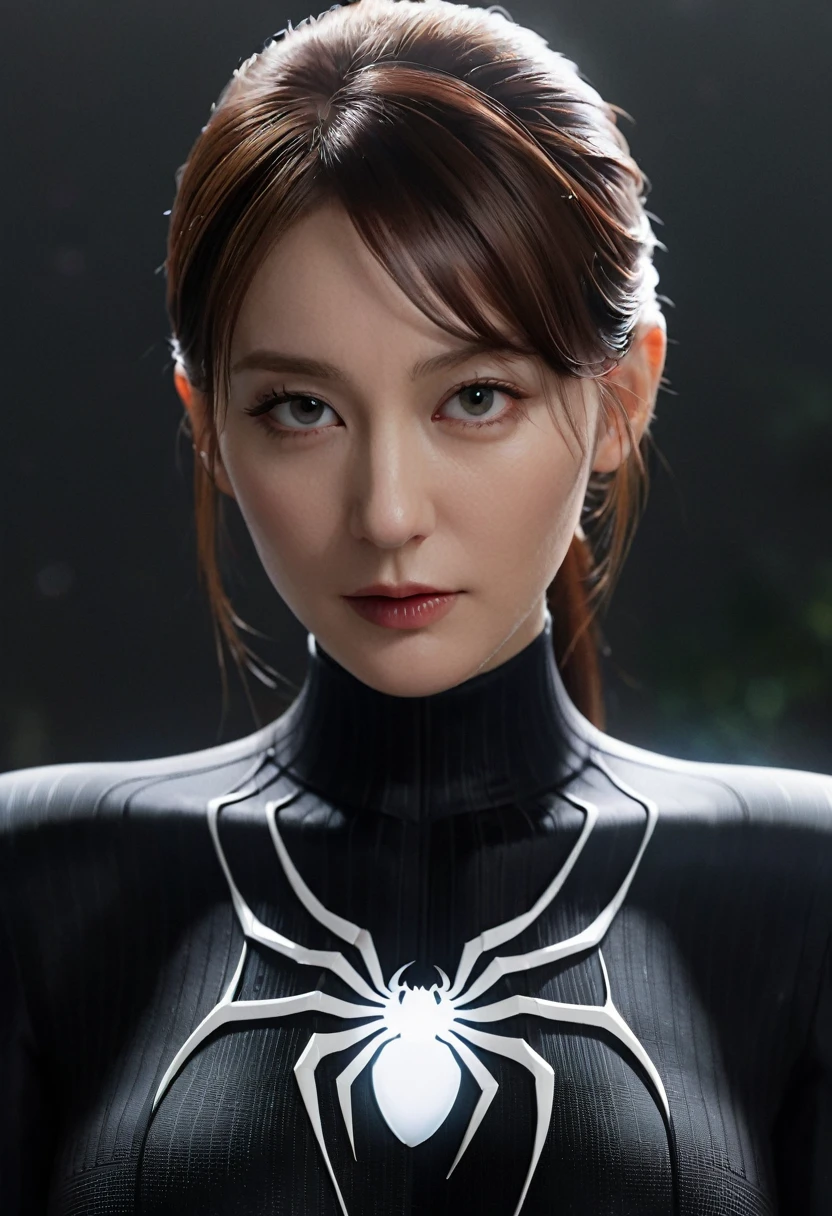 Gwen is wearing a black suit with a white spider in the center of her chest., Organic looking clothes, Sticky forehead, Symbiote, White eyes, Fine art, PS5 Cinematic Screenshots,Highly detailed cinematic rendering, Ultra-Photorealistic Latticing, Cinematic lighting