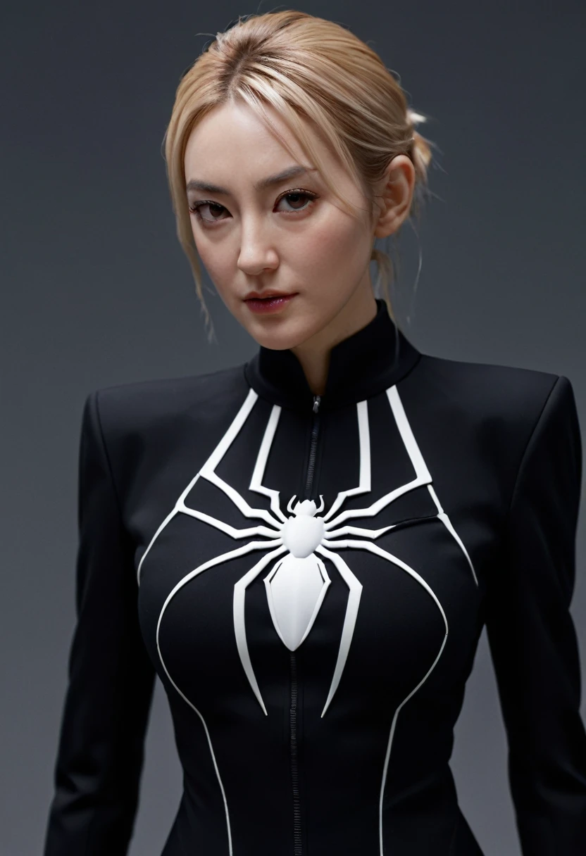 Gwen is wearing a black suit with a white spider in the center of her chest., Organic looking clothes, Sticky forehead, Symbiote, White eyes, Fine art, PS5 Cinematic Screenshots,Highly detailed cinematic rendering, Ultra-Photorealistic Latticing, Cinematic lighting