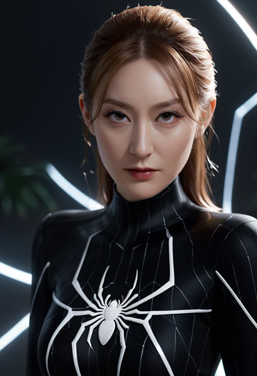 Gwen is wearing a black suit with a white spider in the center of her chest., Organic looking clothes, Sticky forehead, Symbiote, White eyes, Fine art, PS5 Cinematic Screenshots,Highly detailed cinematic rendering, Ultra-Photorealistic Latticing, Cinematic lighting