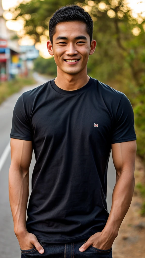 Thai man ,man，He is about 30 years old..，Rough and handsome appearance，large breastsj，Big waistline，buzz cut, angry, sullen, best quality, Masterpiece，（Have muscles：4.5），(best quality,high resolution,Masterpiece:1.2),The eyes are natural and delicate..,1 person,alone,gay asian,muscle,Long legs,brave,short hair details,conjunctivitis ,strong,brown eyes, (outdoor background road :1.5)，in the market，sit (dark blue t-shirt:1.3),Jeans ,smile