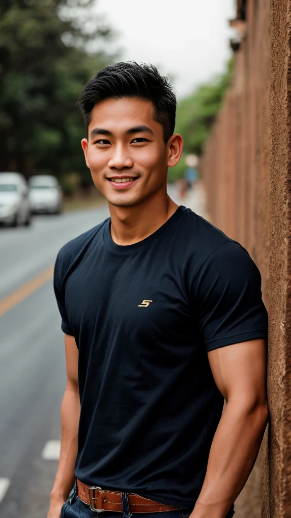 Thai man ,man,He is about 30 years old..,Rough and handsome appearance,large breastsj,Big waistline,buzz cut, angry, sullen, best quality, Masterpiece,(Have muscles:4.5),(best quality,high resolution,Masterpiece:1.2),The eyes are natural and delicate..,1 person,alone,gay asian,muscle,Long legs,brave,short hair details,conjunctivitis ,strong,brown eyes, (outdoor background road :1.5),in the market,sit (dark blue t-shirt:1.3),Jeans ,smile