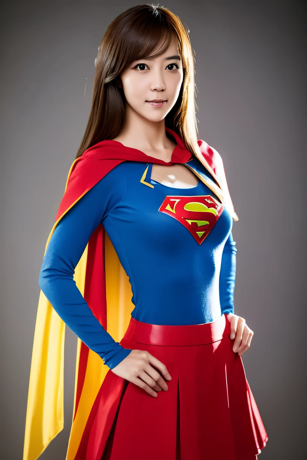 Create a high-quality, hyper-realistic portrait of a Japanese woman dressed as Supergirl. She has long, wavy black hair and is wearing a blue and red superhero costume. The costume includes a blue top with a red and yellow 'J' symbol on the chest, long blue sleeves, and a red skirt with a yellow belt. She also wears a red cape. The woman is standing with her hands on her hips, exuding confidence and strength. The background should be a simple, neutral gradient that doesn't distract from the subject. Ensure the image has detailed facial features, expressive eyes, and an anatomically correct body structure, with realistic textures and colors of the costume.