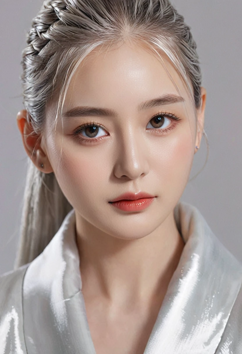 (Highest quality, masterpiece:1.2), Ultra-high resolution, Realistic, Front lighting, Exquisite detail, Exquisite detailと質感, One girl, alone ,(young), Facial highlights, Upper Body, Detailed face, Teardrop Mole, white skin, Silver Hair, ponytail, Braid, View your viewers, Big eyes, silk robe, (Hollow pattern, white, silk), Earrings, Small breasts, The body is slim, Luxurious Room, Professional Lighting, Photon Mapping, Radio City, Physically Based Rendering,