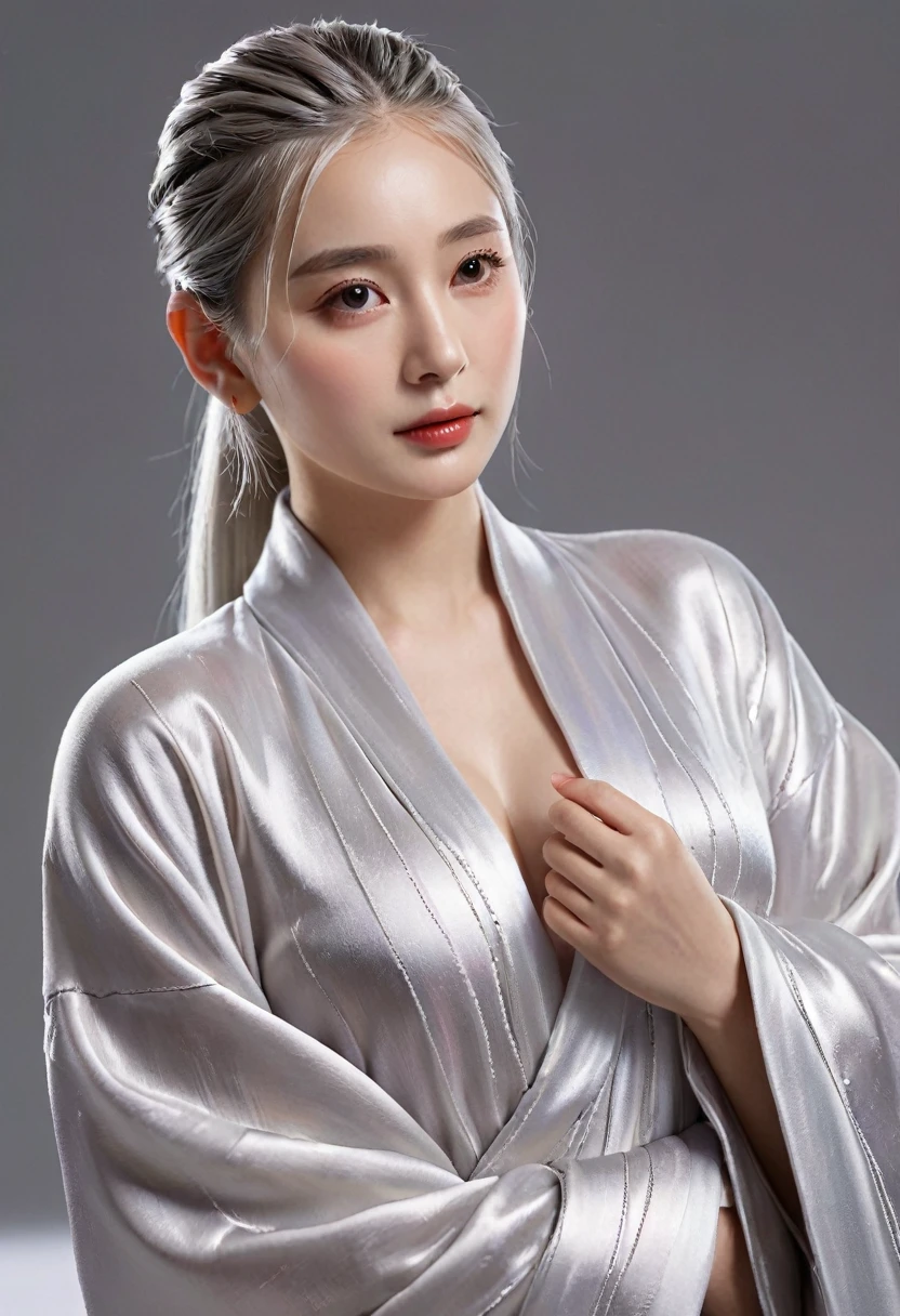 (Highest quality, masterpiece:1.2), Ultra-high resolution, Realistic, Front lighting, Exquisite detail, Exquisite detailと質感, One girl, alone ,(young), Facial highlights, Upper Body, Detailed face, Teardrop Mole, white skin, Silver Hair, ponytail, Braid, View your viewers, Big eyes, silk robe, (Hollow pattern, white, silk), Earrings, Small breasts, The body is slim, Luxurious Room, Professional Lighting, Photon Mapping, Radio City, Physically Based Rendering,