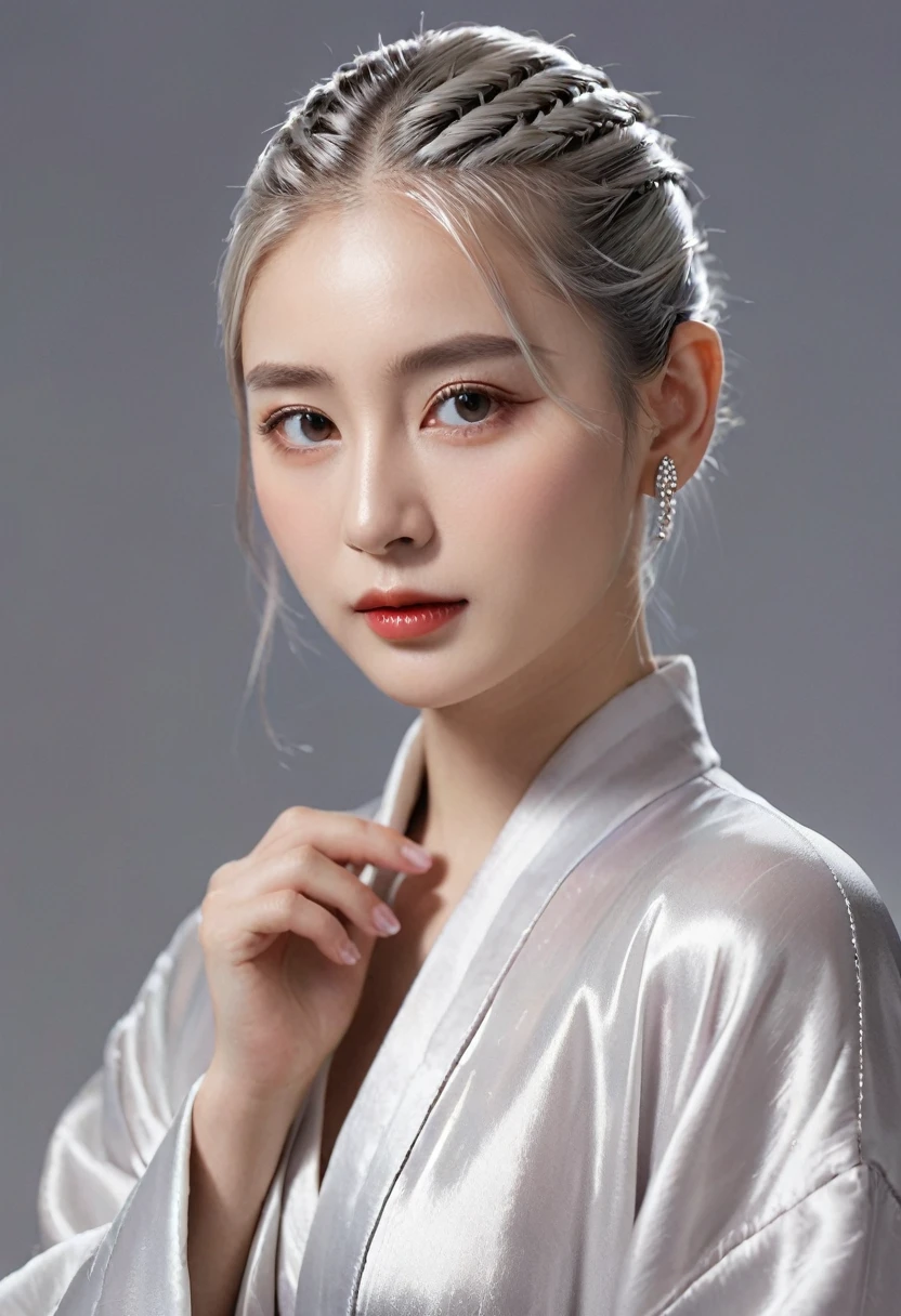 (Highest quality, masterpiece:1.2), Ultra-high resolution, Realistic, Front lighting, Exquisite detail, Exquisite detailと質感, One girl, alone ,(young), Facial highlights, Upper Body, Detailed face, Teardrop Mole, white skin, Silver Hair, ponytail, Braid, View your viewers, Big eyes, silk robe, (Hollow pattern, white, silk), Earrings, Small breasts, The body is slim, Luxurious Room, Professional Lighting, Photon Mapping, Radio City, Physically Based Rendering,