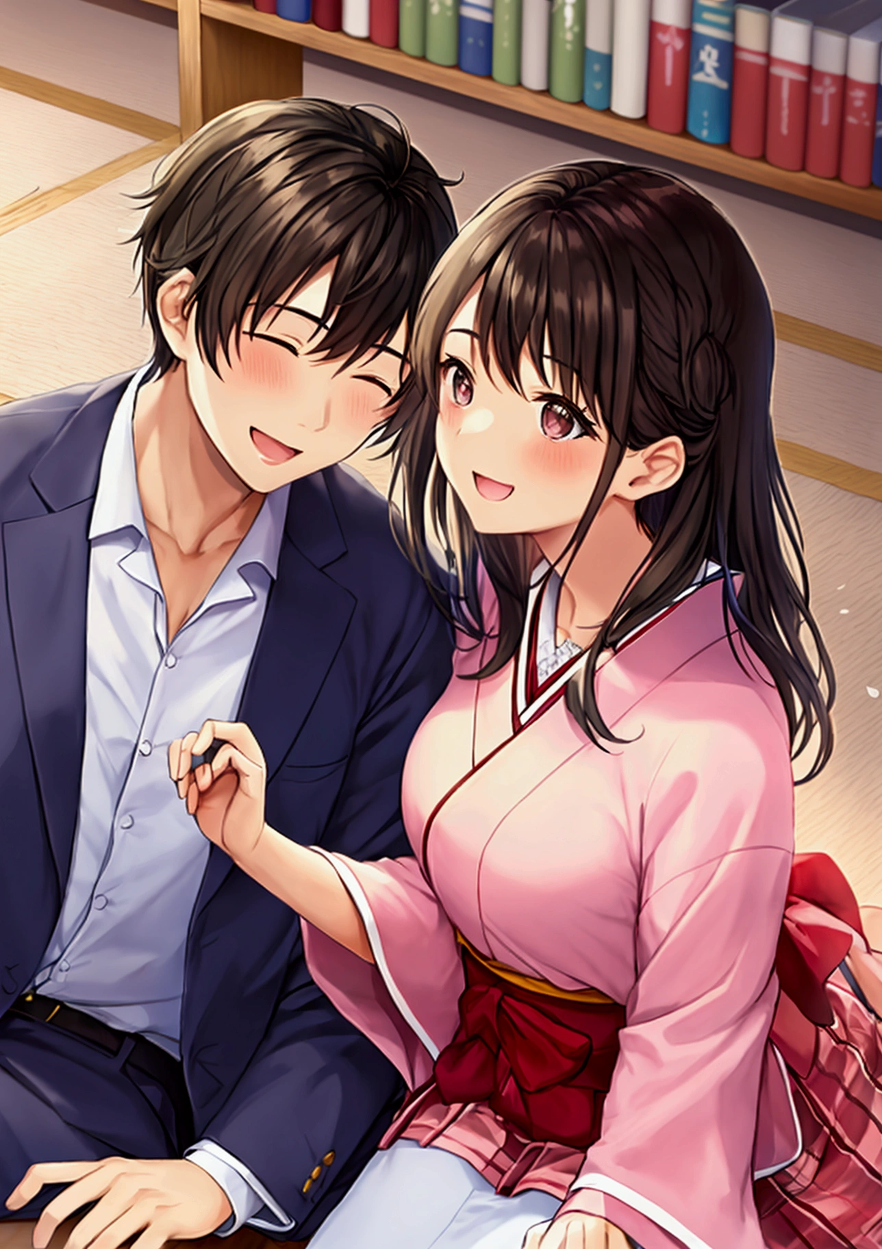 romantic couple. Japanese. a man is (lying on the library floor), laughing cheerfully, woman (sitting) laughing wearing Japanese school clothes (above him).