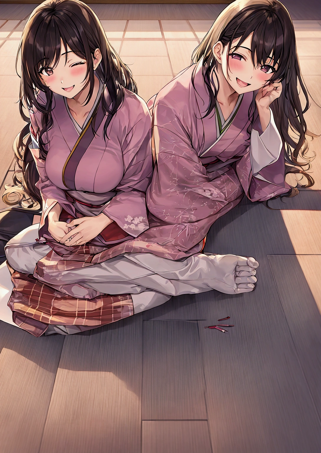 romantic couple. Japanese. a man is (lying on the library floor), laughing cheerfully, woman (sitting) laughing wearing Japanese school clothes (above him).
