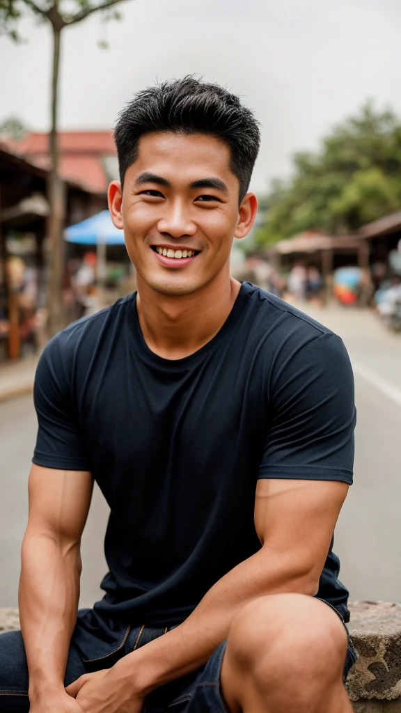Thai man ,man,He is about 30 years old..,Rough and handsome appearance,large breastsj,Big waistline,buzz cut, angry, sullen, best quality, Masterpiece,(Have muscles:4.5),(best quality,high resolution,Masterpiece:1.2),The eyes are natural and delicate..,1 person,alone,gay asian,muscle,Long legs,brave,short hair details,conjunctivitis ,strong,brown eyes, (outdoor background road :1.5),in the market,sit (dark blue t-shirt:1.3),Jeans ,smile