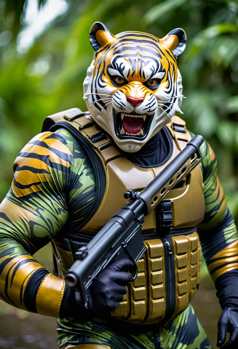 (a dark-skinned fat muscular old man in a bulky camouflage zipper diver suit) shooting with a gun and (wearing roaring siberian tiger mask that show the wearer eyes), muscular, Basuki Abdullah, sumatraism, action, a character portrait, heroic, fierce, snarling