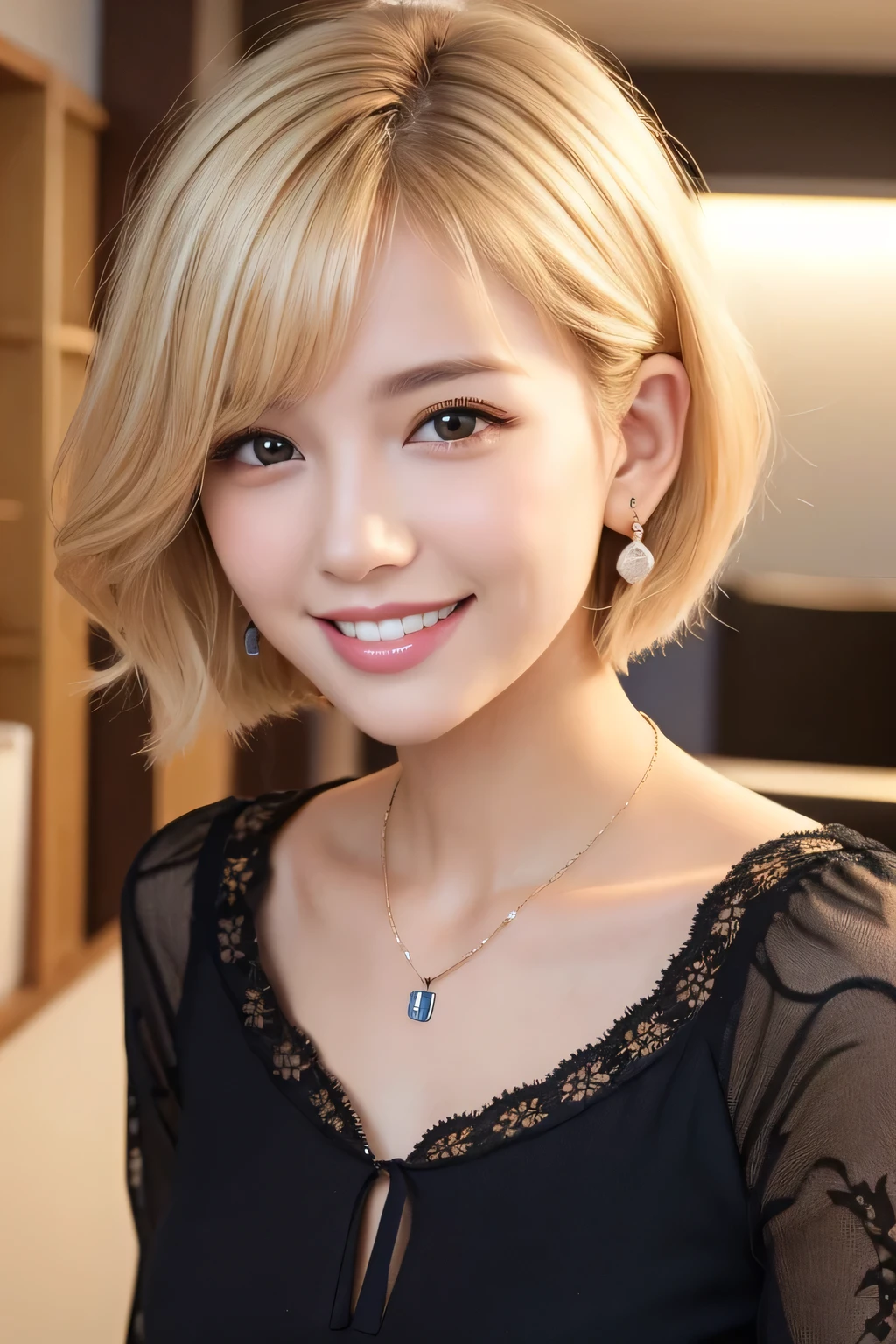 young woman、Blonde、Short Haircut、Wavy Hair、ear piercing、Necklace around the neck、blouse、Emphasize the chest、smile、Beautiful teeth alignment、Intricate details, Very detailed:1.2), 、 Looking into the camera、The background is the office