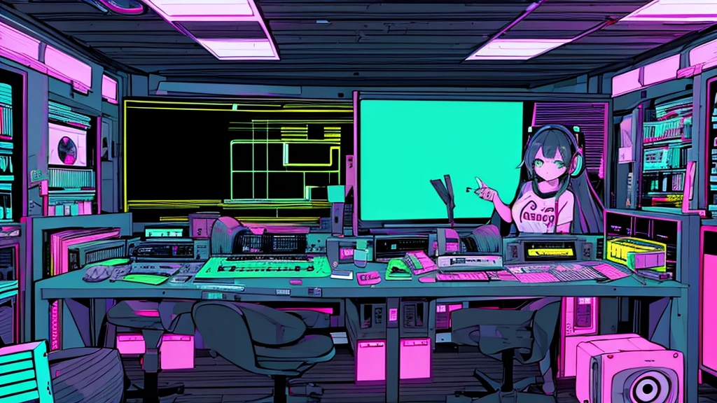 Best quality, (masterpiece), best detail face,1 girl, big breasts, 18 yo, 8k,absurdres,unity 8k wall paper,(extremely detailed:1.3), highest realistic, (retro headphones:), (soft neon light:), (psychedelic), Her room full of music equipment and records, sports wear , See the whole room, She is at the end of the room, dark yellow color palette
