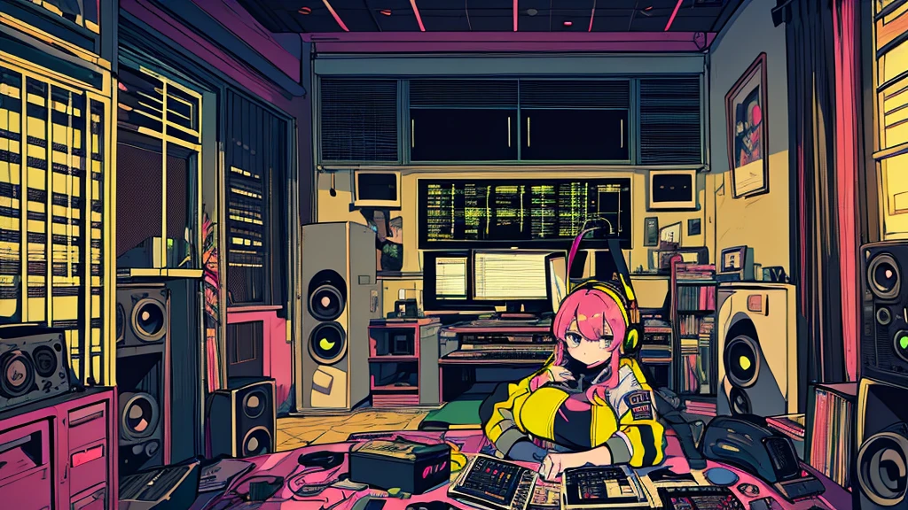 Best quality, (masterpiece), best detail face,1 girl, big breasts, 18 yo, 8k,absurdres,unity 8k wall paper,(extremely detailed:1.3), highest realistic, (retro headphones:), (soft neon light:), (psychedelic), Her room full of music equipment and records, sports wear , See the whole room, She is at the end of the room, dark yellow color palette
