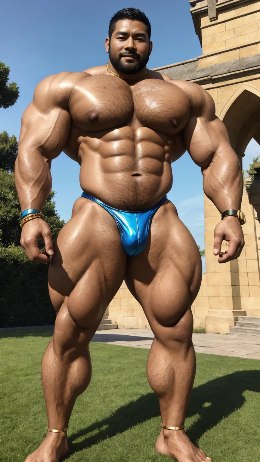 There is only one handsome Asian actor in the photo，35 years old，High target, Fitness，Smooth body，Smooth skin，No chest hair，short hair, O-Shaped Beard，Perfect body, Dark skin color，Radiant Skin，Smooth skin，Shiny, shiny skin，Smooth pectoral muscles，Muscle bulge, muscular, Very large pectoral muscles，Very sexy abdominal muscles，Very well-developed leg muscles，Huge concave and convex area，Brightens oily skin，Wearing a shiny gold leather thong，Handsome face，Normal human toes，Correct and accurate male body proportions，Gold Collar，Gold bracelet，Gold anklets，dusk, Dynamic poses，Gradient sky, Gorgeous fantasy magic，Stand in front of the castle。
