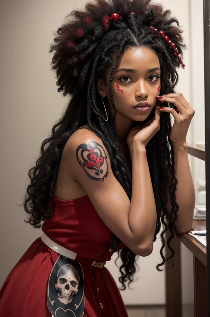 black curly hair growing out with red tips, afro-descendant woman with skull tattoo on her arm