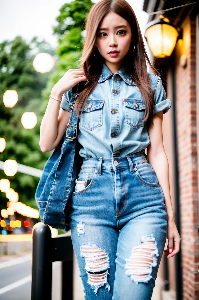 conjoined denim,street,1girl,best quality,masterpiec8K,HDR,highresabsurdres:1.2,Kodak portra 400,film grain,blurrybokeh:1.2,lens flare,(vibrant color:1.2),looking at viewer,