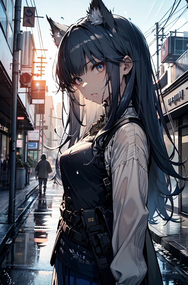 A masterpiece,omertosa，best quality, Illustration style，Large aperture portrait， Anime Girl, beautiful eyes, summer, Wide leg pants, small, Heartwarming, Youthful and beautiful,,Regular Clothes，Black and white,, showing a natural casual style. Dynamic posture contains the golden ratio, China, White space, Strong contrast between light and shadow, Super texture, Super clear and concise pictures, presenting extremely beautiful, Elegant temperament, subtle facial expressions, City background, rain, Road area water reflection，one person