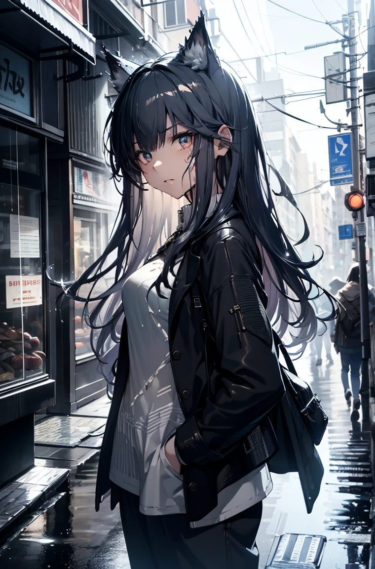 A masterpiece,omertosa，best quality, Illustration style，Large aperture portrait， Anime Girl, beautiful eyes, summer, Wide leg pants, small, Heartwarming, Youthful and beautiful,,Regular Clothes，Black and white,, showing a natural casual style. Dynamic posture contains the golden ratio, China, White space, Strong contrast between light and shadow, Super texture, Super clear and concise pictures, presenting extremely beautiful, Elegant temperament, subtle facial expressions, City background, rain, Road area water reflection，one person