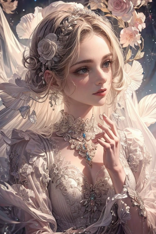 (best quality,8K,CG),detailed upper body,lonely girl,floral forest background,complex facial features,elegant long curly hair,almond-shaped big eyes,detailed eye makeup,long eyelashes,twinkling stars,exquisite lip details,soft and harmonious style.