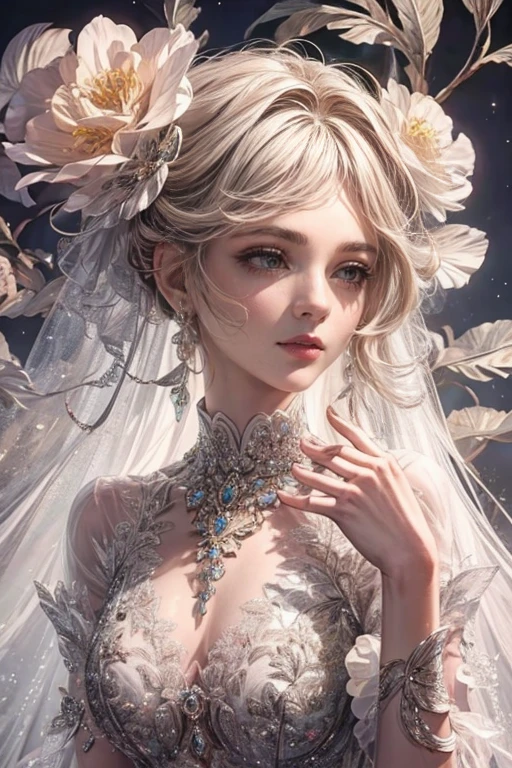 (best quality,8K,CG),detailed upper body,lonely girl,floral forest background,complex facial features,elegant long curly hair,almond-shaped big eyes,detailed eye makeup,long eyelashes,twinkling stars,exquisite lip details,soft and harmonious style.