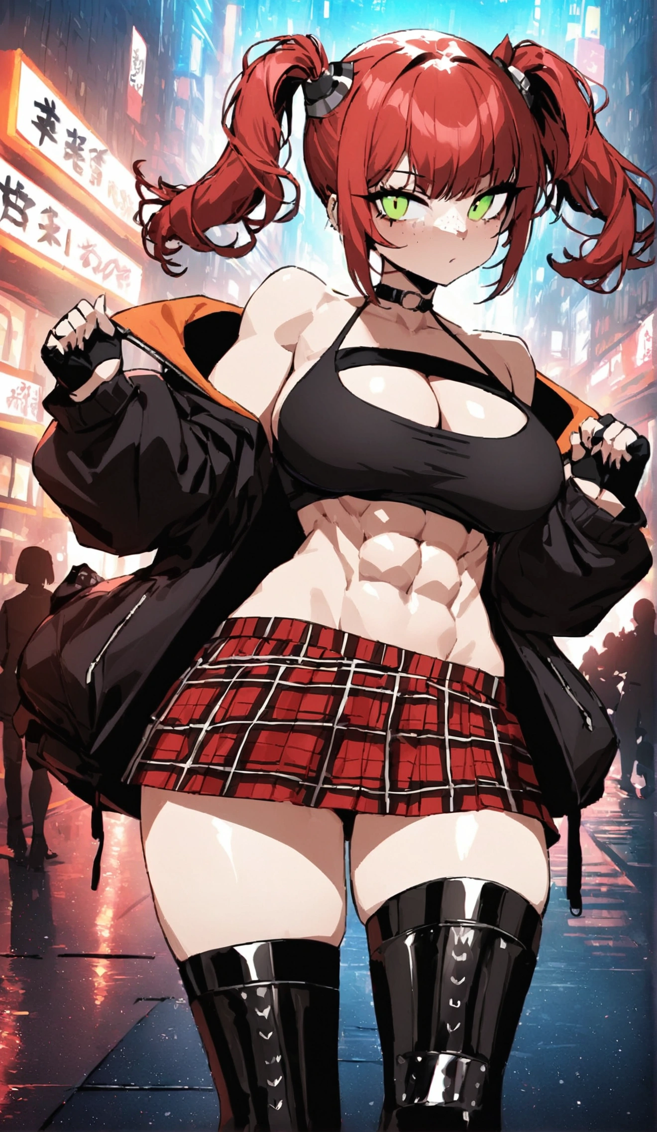 woman, red pig tails hair, green eyes, wearing crop top black shirt, long black jacket, red plaid skirt, (black knee high boots), black fingerless gloves, exposed shoulders, large breasts, freckles, cleavage, abs, looking at viewer, masterpiece, best quality, Holo-Punk Style, in the city