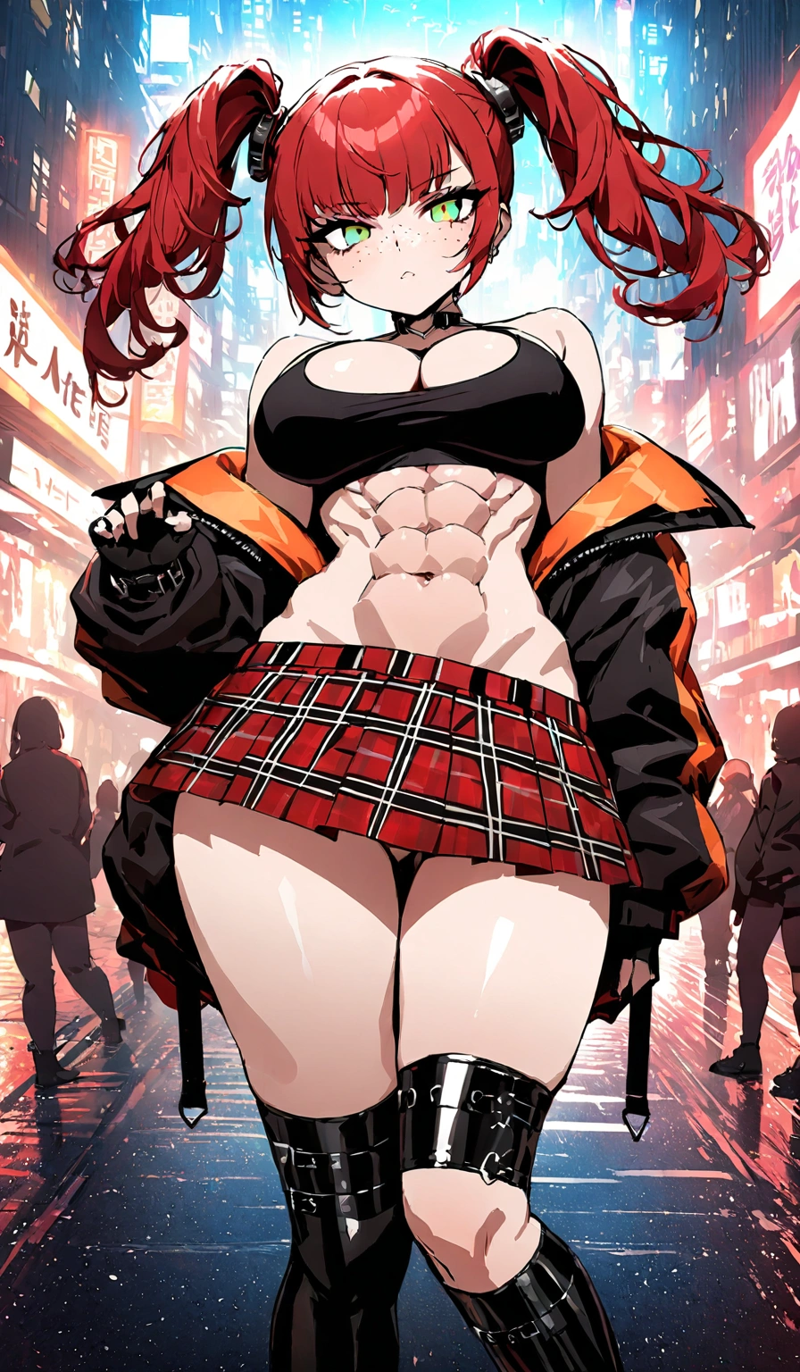 woman, red pig tails hair, green eyes, wearing crop top black shirt, long black jacket, red plaid skirt, (black knee high boots), black fingerless gloves, exposed shoulders, large breasts, freckles, cleavage, abs, looking at viewer, masterpiece, best quality, Holo-Punk Style, in the city