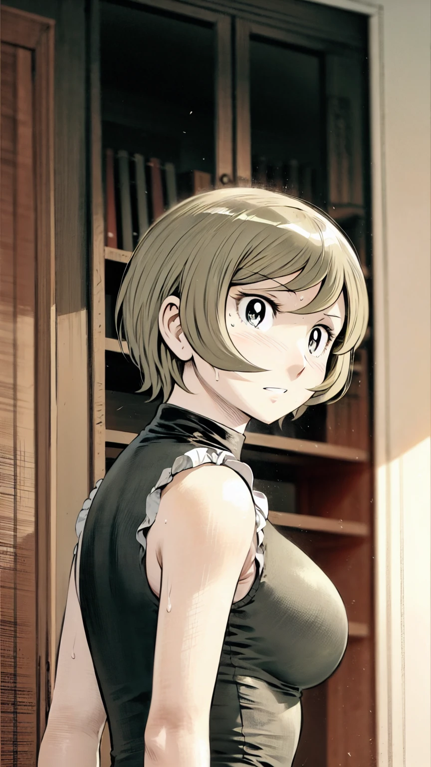 、(masterpiece、Highest quality)、Highest quality, Ultra-high resolution, (((masterpiece))), alone, Sweat、Big eyes, Sleeveless、Outdoor、Floral Dress、Composition from the front、(後ろCut your hair short、short hair、blonde、woman)、Shortcuts、Embarrassed face、Cut your hair short、可愛いwomanの子、Big Breasts、Browsing Caution
