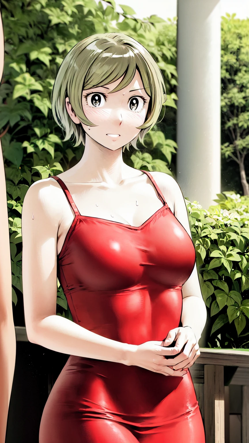 、(masterpiece、Highest quality)、Highest quality, Ultra-high resolution, (((masterpiece))), alone, Sweat、Big eyes, Sleeveless、Outdoor、Floral Dress、Composition from the front、（後ろCut your hair short、short hair、blonde、woman）、Shortcuts、Embarrassed face、Cut your hair short、可愛いwomanの子、、Browsing Caution