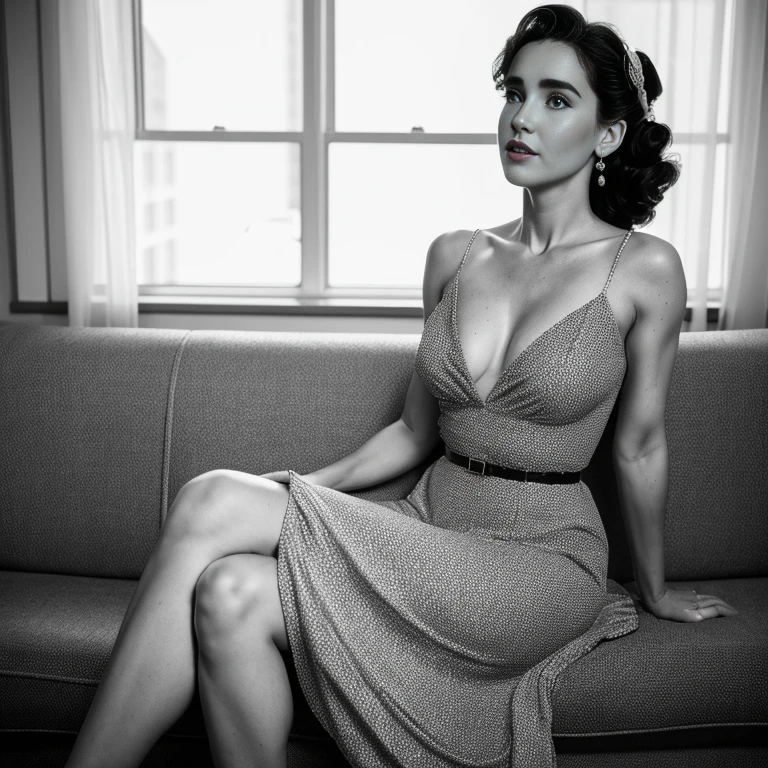 black and white photos. Jennifer Connelly, leaving room couch, long dress, pin-up, vintage dress, 22 years old, perfect body, 40's, perspective, half body detail, sharp focus, light mix, detail, 50's, (high skin detail: 1,2), 8k hd, DSLR, Luz outfit, high quality, Fujifilm XT3 Grainy Films.