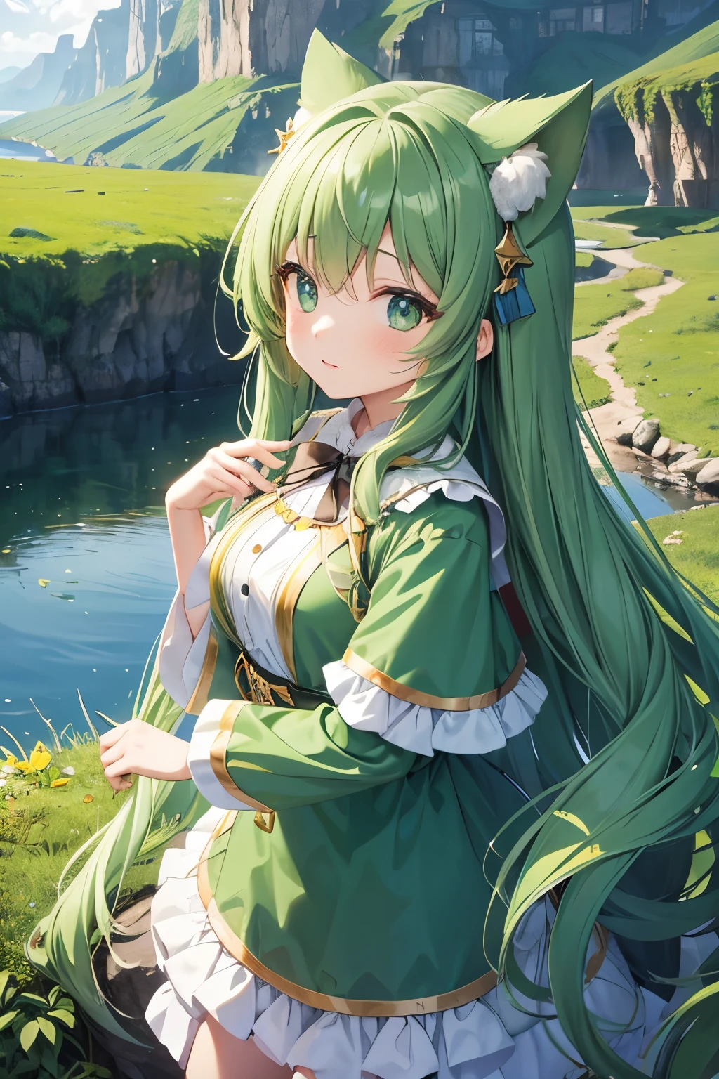 Costumes, Long Hair, girl, Big eyes, Green Mountain々and green water,