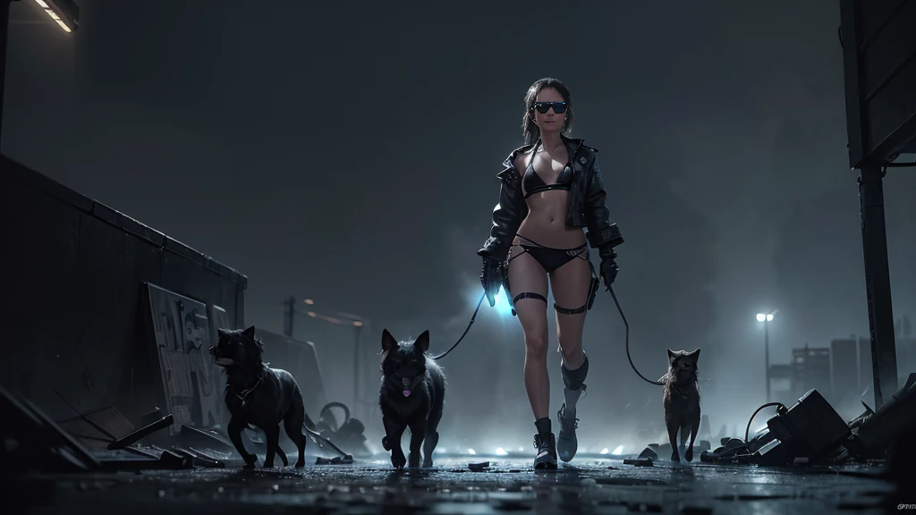 At night, dark sky, gorgeous Woman, (walks with a stray dog In a frozen cyberpunk city in ruins), 1drone. Heavy tropical rain, Head slightly tilted back, leather bikini, Distorted Space, Light Shafts, Volumetric Lighting, 4k Rendering, Stock Photo, Realistic Textures, Dramatic Lighting, Unreal Engine. Electric lighting. Windy messy hair. (((((1girl, solo, alone))))), medium-breast:1.1 slim body, cleavage, (((headphone, black sunglasses))), (((hip-up standing and holding (pistol)))), (((half-body thigh level medium shot))), cinematic lighting, lens flare, ray tracing.