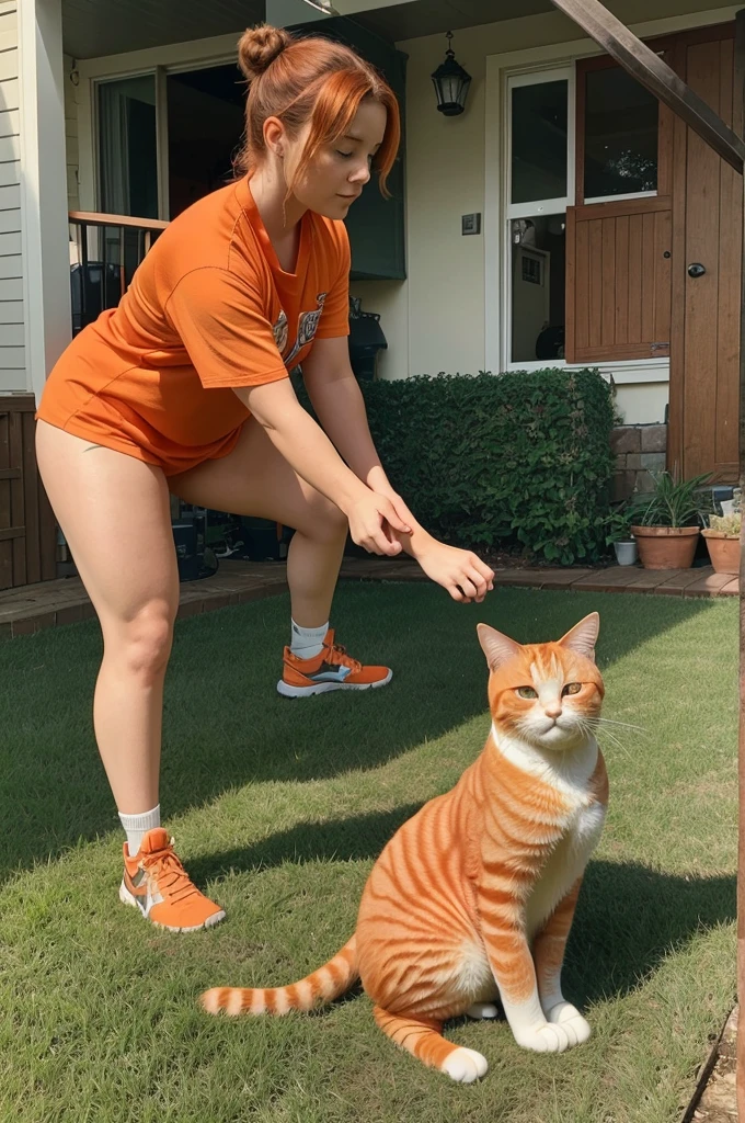 Setting: Tilly's home.Characters: Tilly the orange chubby cat, her family and friends.Action: Tilly starts practicing with her fractured leg, determined to get stronger.Dialogue/Thoughts: "I won't give up," Tilly said to herself, hobbling around her yard. Ultra realistic