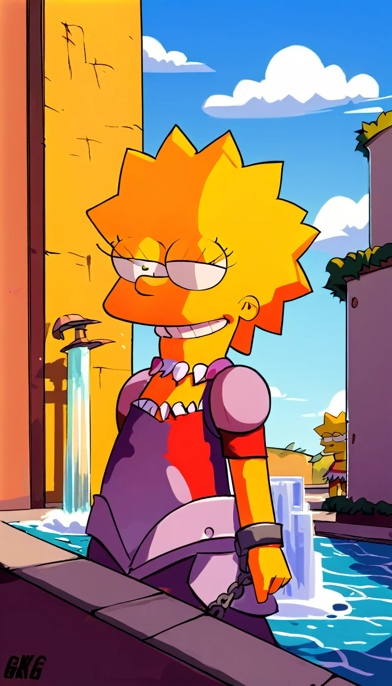 fountain_Cartoon, (((1 girl, Alone, alone, lisa_simpson, short hair, medium chest, colored skin, yellow skin, small pile))), looking at the viewer, SMILE, niña de 17 años

      duvaliearmor, armor, armored dress, winged visor, wing ornament, mono, black mono, shackles, armored boots, Kneepads, red bikini, outdoor, sky, clouds, 

 pose sexy, dynamic pose, dynamic angle, cowboy shot,

exterior, remains,