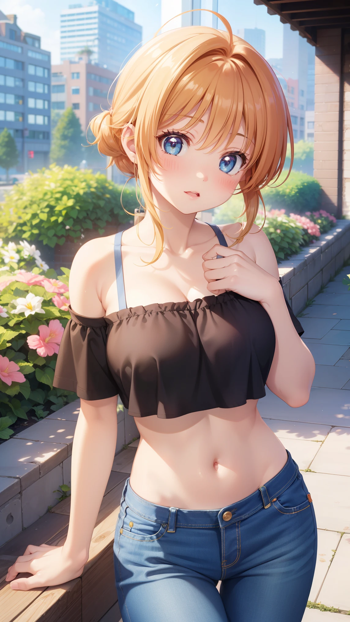 masterpiece, best quality, highres, 1girl, detailed face, blush, anime CG style, large breasts, (18 year old girl:1.3), (aged up), good lighting, perfect body, sakura kinomoto, glossy lips, city, garden, bikini, open shirt, cleavage,