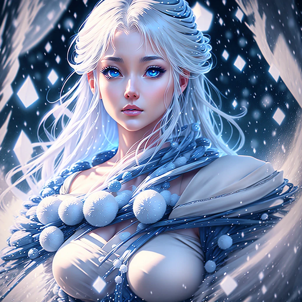 a beautifully detailed face of a woman with striking ice blue eyes, long eyelashes, and perfectly formed lips, surrounded by a swirling vortex of glowing ice crystals and snowflakes, set against a complex snowy landscape of towering mountains, the woman's white hair flowing gracefully as she channels pure light and soft pastel energy, an ethereal snow spirit from Japanese folklore, award-winning digital art, 8K, highly detailed, photorealistic