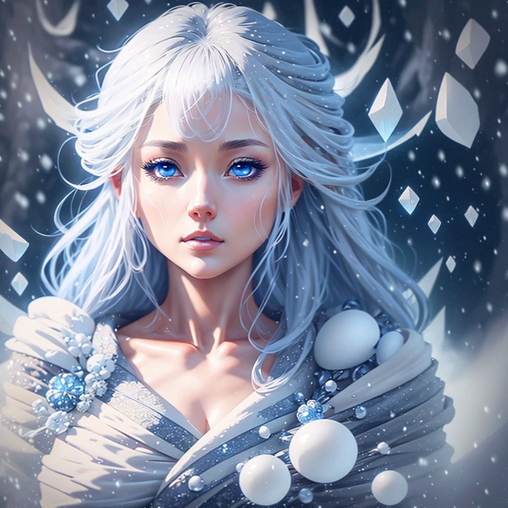 a beautifully detailed face of a woman with striking ice blue eyes, long eyelashes, and perfectly formed lips, surrounded by a swirling vortex of glowing ice crystals and snowflakes, set against a complex snowy landscape of towering mountains, the woman's white hair flowing gracefully as she channels pure light and soft pastel energy, an ethereal snow spirit from Japanese folklore, award-winning digital art, 8K, highly detailed, photorealistic