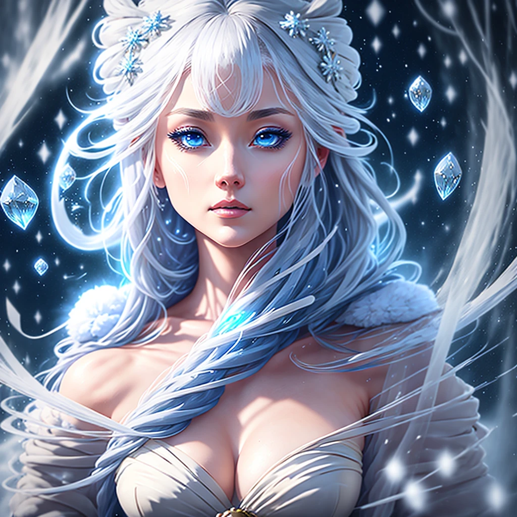 a beautifully detailed face of a woman with striking ice blue eyes, long eyelashes, and perfectly formed lips, surrounded by a swirling vortex of glowing ice crystals and snowflakes, set against a complex snowy landscape of towering mountains, the woman's white hair flowing gracefully as she channels pure light and soft pastel energy, an ethereal snow spirit from Japanese folklore, award-winning digital art, 8K, highly detailed, photorealistic